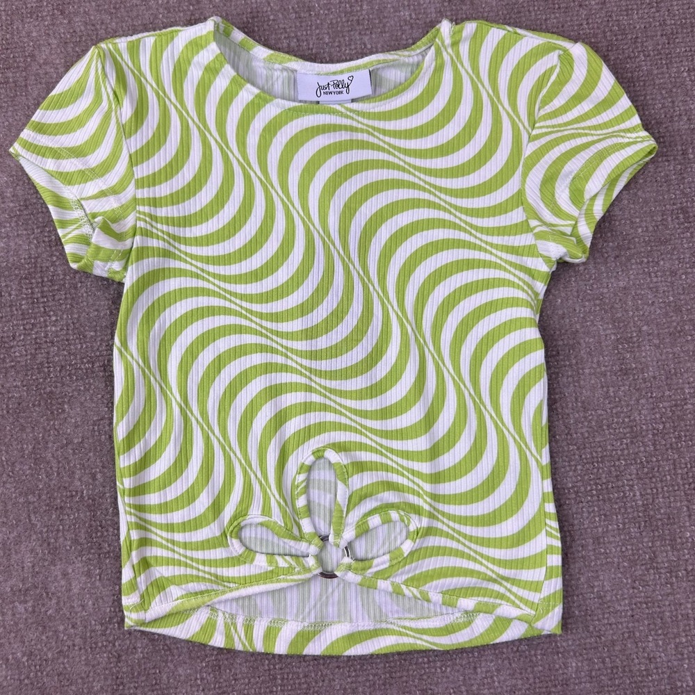 Just Polly New York Cropped Top Womens XS White Green Wavy Striped Stretch